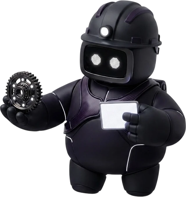 NOVY, el asistente de Inteligencia Artificial de NOVALTIR, con casco de seguridad industrial, sosteniendo un engranaje y una tableta