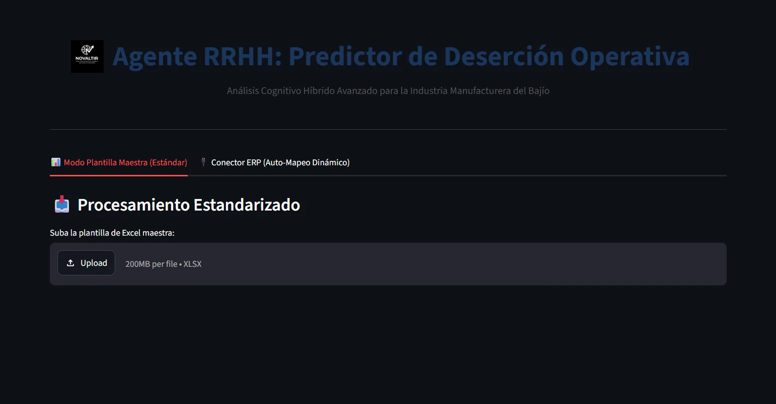 Pantalla de carga de datos de Novaltir RRHH con las pestañas Modo Plantilla Maestra y Conector ERP